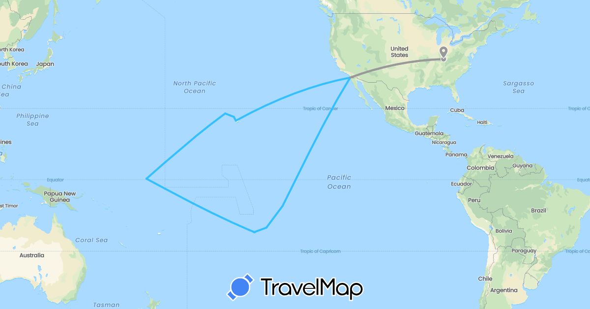 TravelMap itinerary: driving, plane, boat in France, Kiribati, United States (Europe, North America, Oceania)